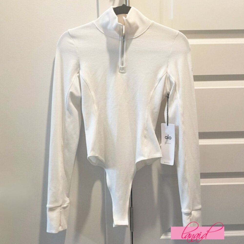 Alo Rise Up Long Sleeve Bodysuit Ivory V-Neck Zip Henley Cream Fitted Stretchy S - Picture 7 of 13